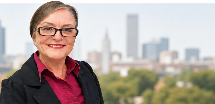 A photo of Jackie Dutton standing in front of the beautiful downtown Tulsa skyline.