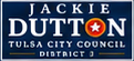 Jackie Dutton for Tulsa City Council District 3 logo with a blue background, red O on the Dutton and yellow highlights.